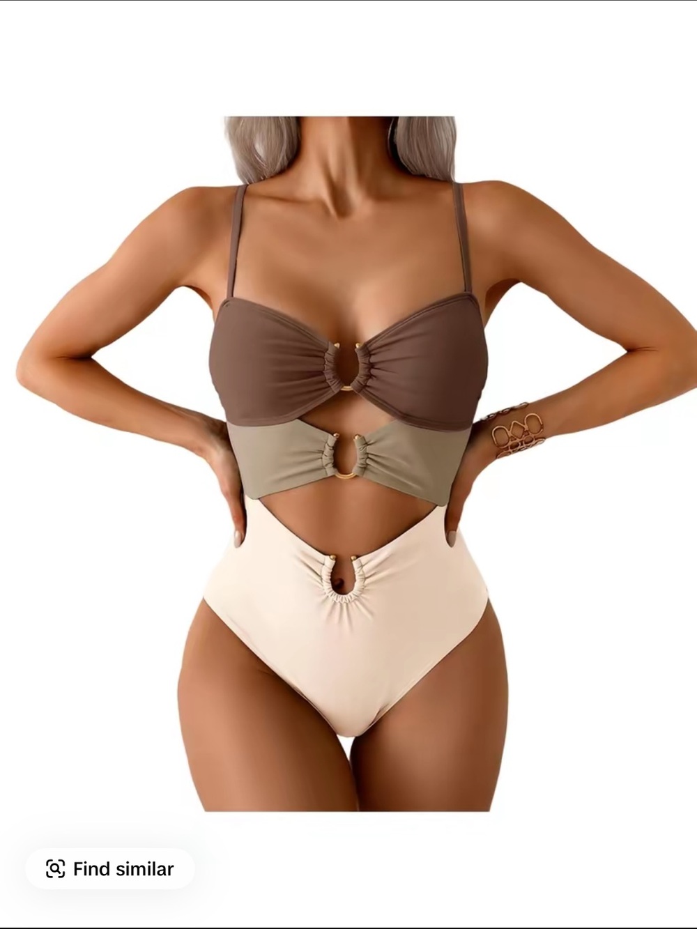 Tri-Tone Ring Detail One-Piece Swimsuit - Brown/Olive/Cream